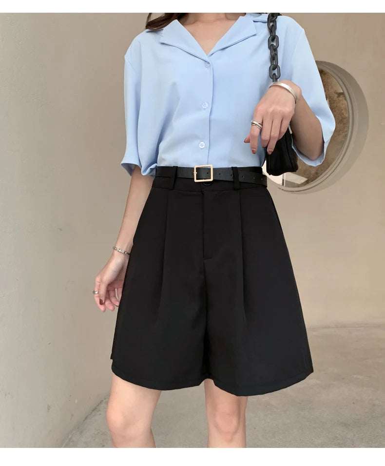Jielur Women's Loose High Waist Suit Shorts Women Black Grey Blue Five-point Shorts Female Casual Wide-leg Shorts for Women S-XL