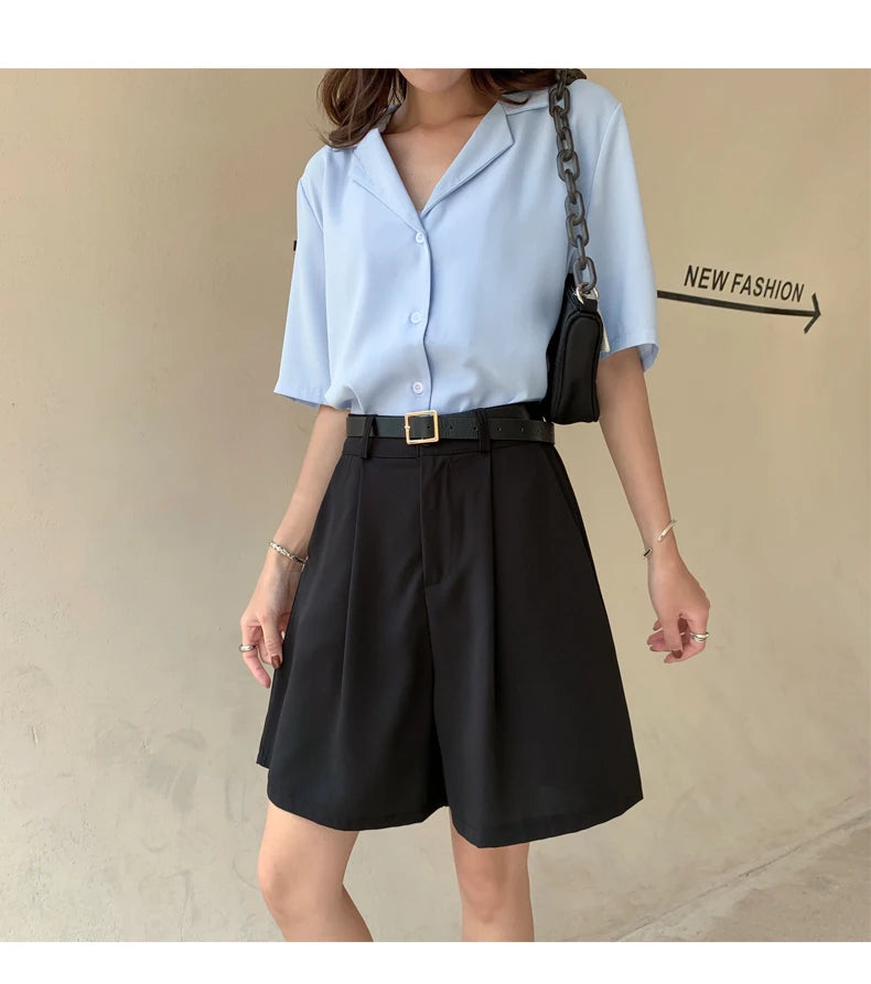 Jielur Women's Loose High Waist Suit Shorts Women Black Grey Blue Five-point Shorts Female Casual Wide-leg Shorts for Women S-XL