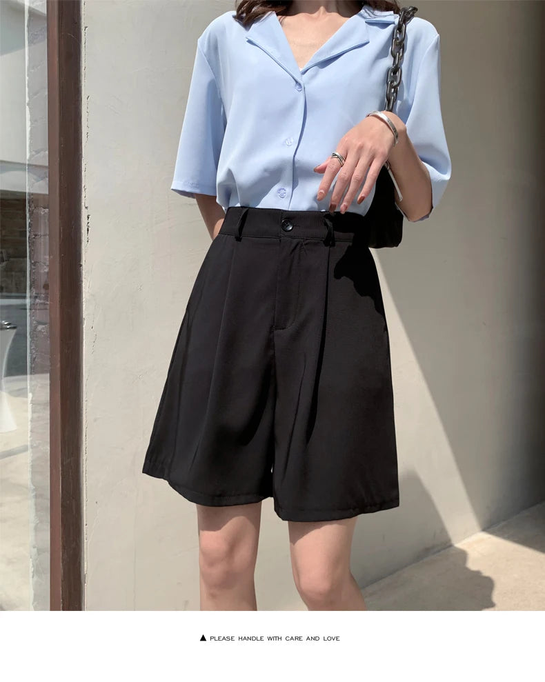 Jielur Women's Loose High Waist Suit Shorts Women Black Grey Blue Five-point Shorts Female Casual Wide-leg Shorts for Women S-XL