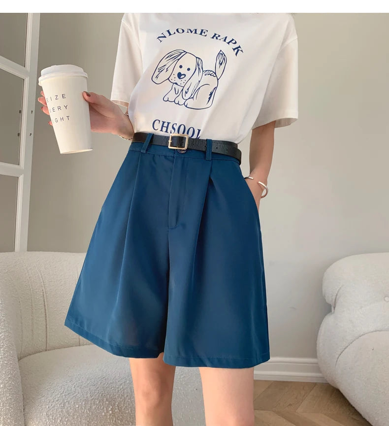 Jielur Women's Loose High Waist Suit Shorts Women Black Grey Blue Five-point Shorts Female Casual Wide-leg Shorts for Women S-XL