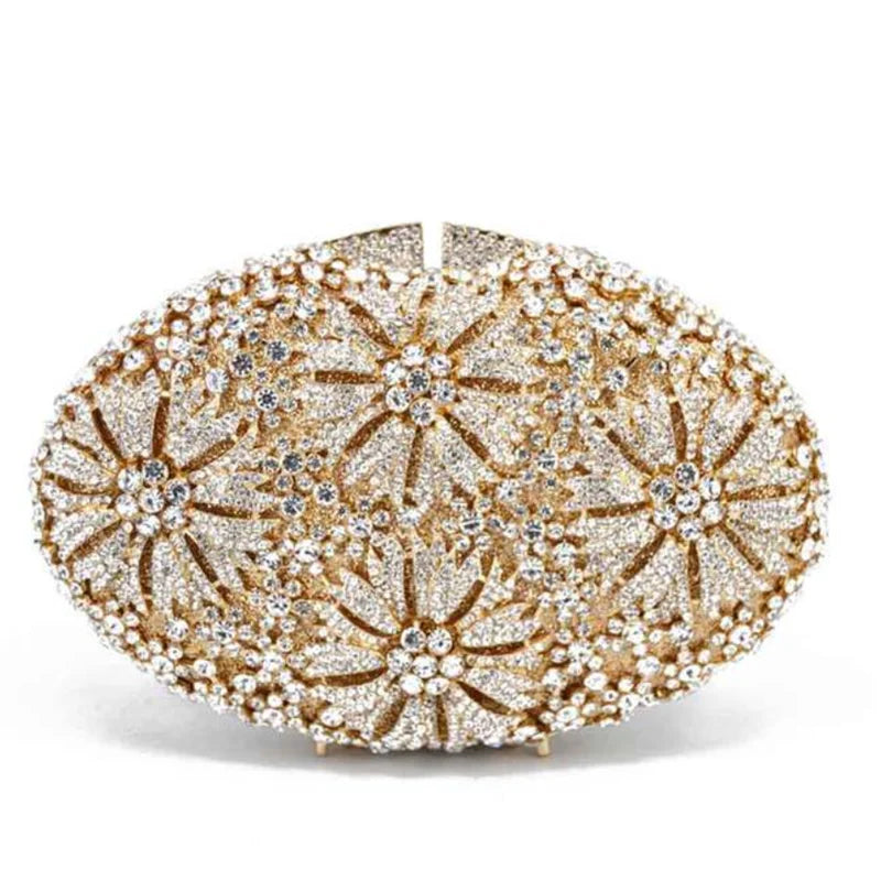 Gold Diamond Flower Evening Clutch Purse Oval Shape Rhinestone Crystal Wedding Bridal Clutches Luxury Phone Handbags