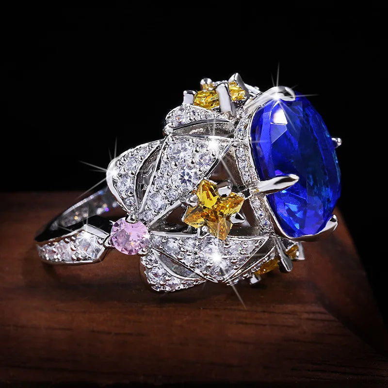 Vintage Jewelry Luxury Big Sapphire 925 Sterling Silver Rings for Women Elegant Flower Engagement Wedding Band Anniversary Rings