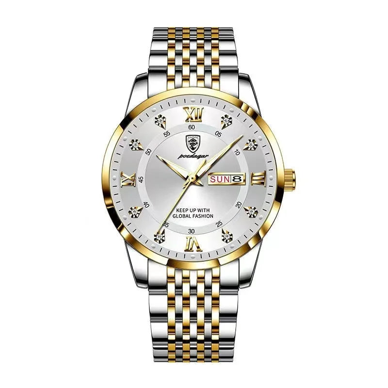 POEDAGAR Men Watches Stainless Steel Push Button Hidden Clasp Week Date Waterproof Luminous Top Brand Luxury Quartz Wristwatch