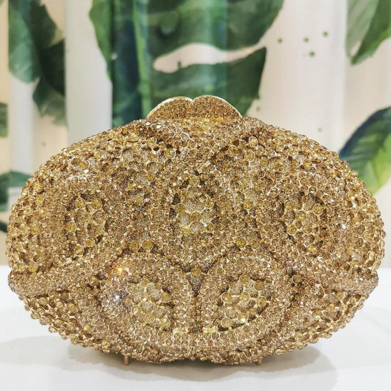 Gold Diamond Flower Evening Clutch Purse Oval Shape Rhinestone Crystal Wedding Bridal Clutches Luxury Phone Handbags