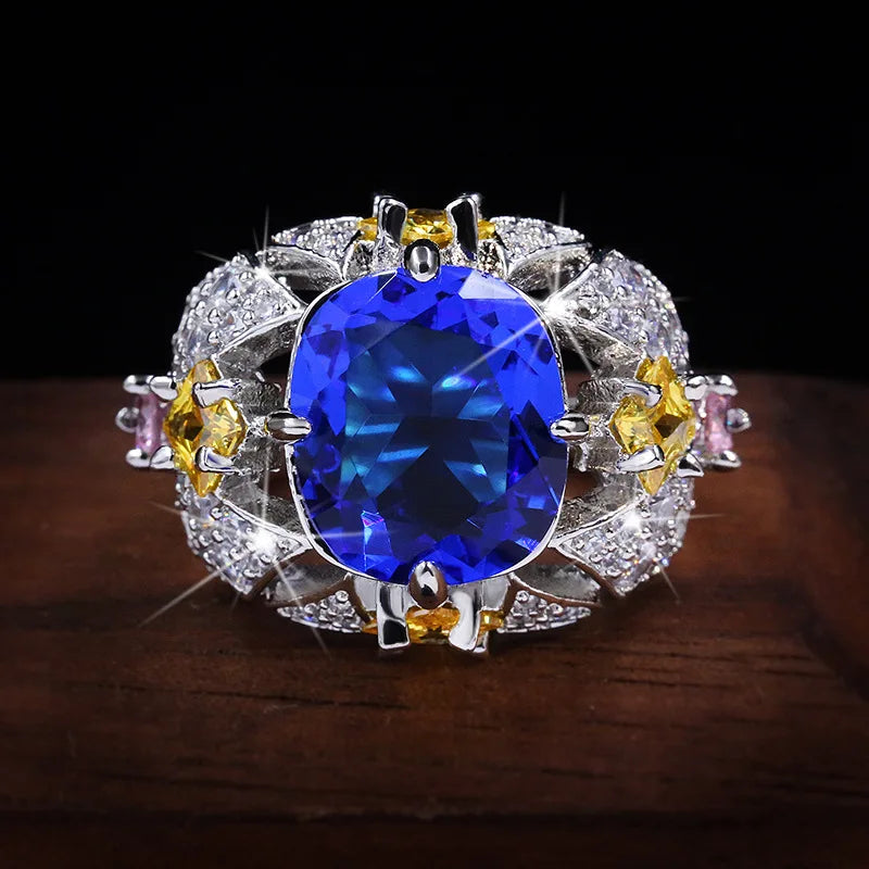 Vintage Jewelry Luxury Big Sapphire 925 Sterling Silver Rings for Women Elegant Flower Engagement Wedding Band Anniversary Rings