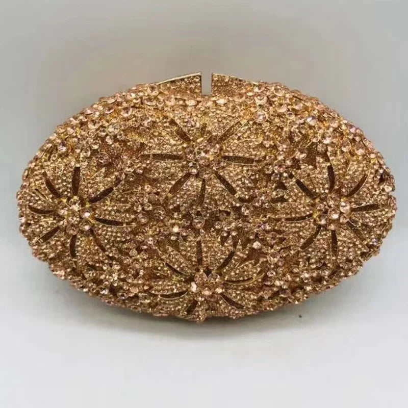 Gold Diamond Flower Evening Clutch Purse Oval Shape Rhinestone Crystal Wedding Bridal Clutches Luxury Phone Handbags