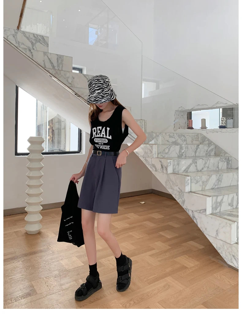 Jielur Women's Loose High Waist Suit Shorts Women Black Grey Blue Five-point Shorts Female Casual Wide-leg Shorts for Women S-XL