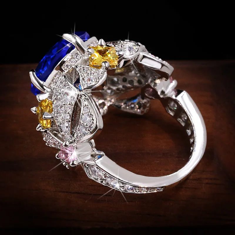 Vintage Jewelry Luxury Big Sapphire 925 Sterling Silver Rings for Women Elegant Flower Engagement Wedding Band Anniversary Rings