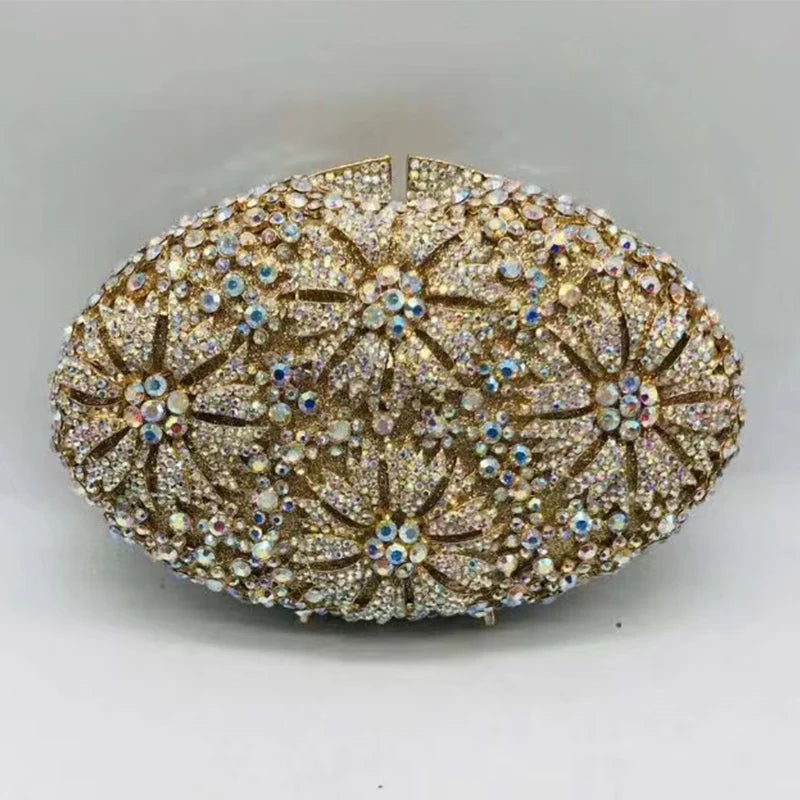 Gold Diamond Flower Evening Clutch Purse Oval Shape Rhinestone Crystal Wedding Bridal Clutches Luxury Phone Handbags