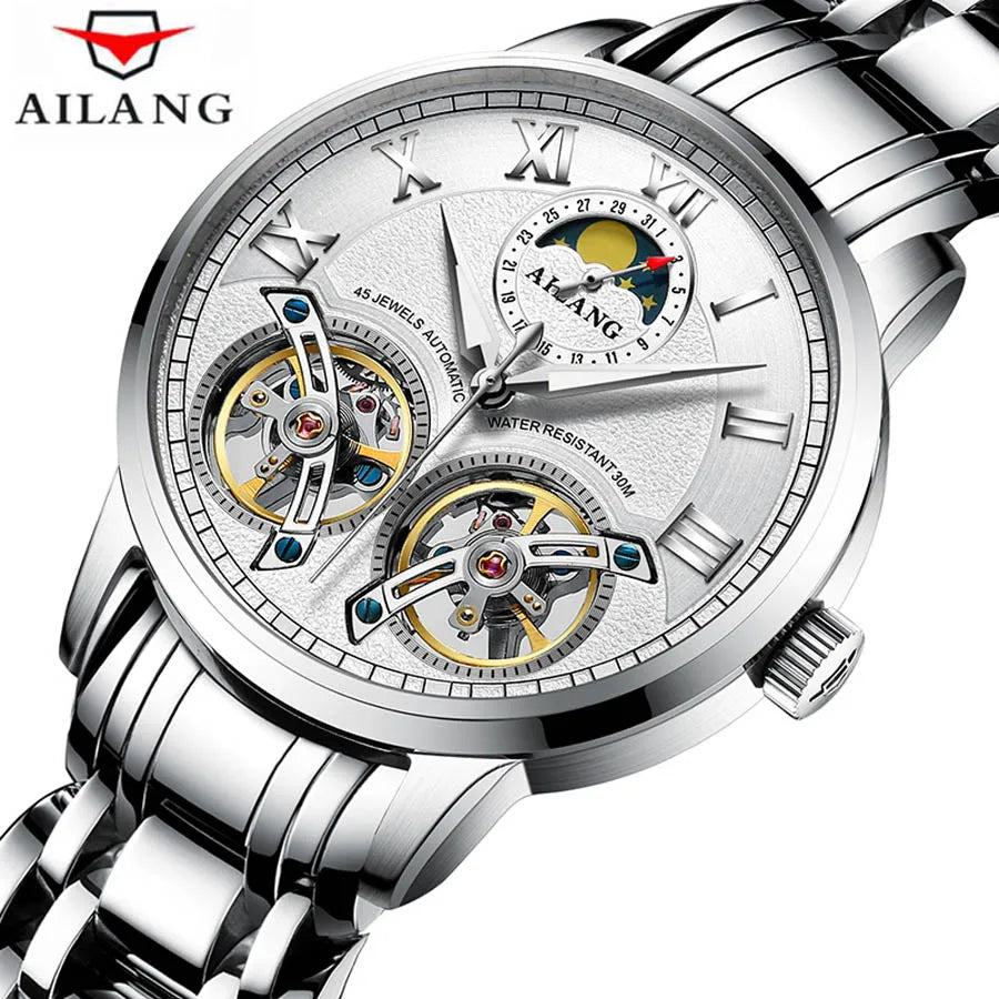 AILANG top luxury brand men's automatic watch quality business waterproof expensive double tourbillon mechanical watches fashion