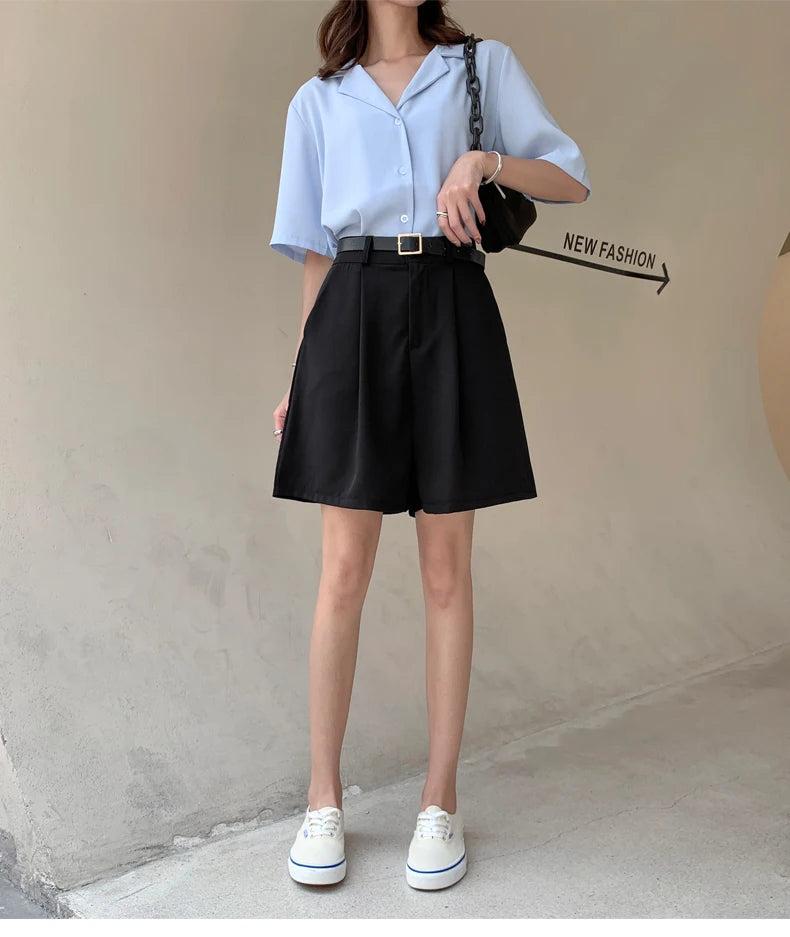Jielur Women's Loose High Waist Suit Shorts Women Black Grey Blue Five-point Shorts Female Casual Wide-leg Shorts for Women S-XL