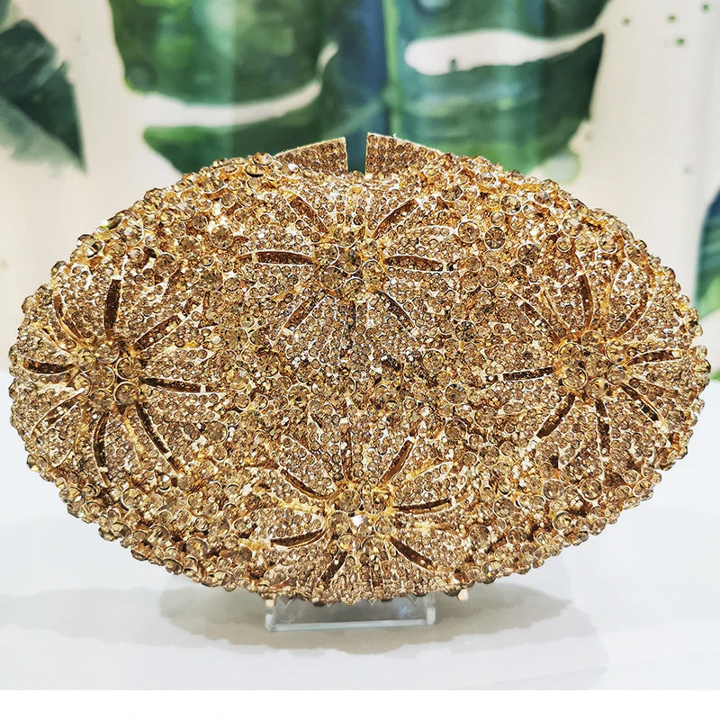 Gold Diamond Flower Evening Clutch Purse Oval Shape Rhinestone Crystal Wedding Bridal Clutches Luxury Phone Handbags