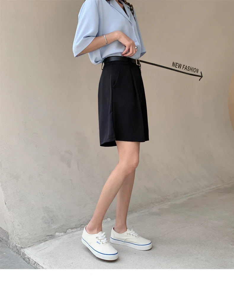 Jielur Women's Loose High Waist Suit Shorts Women Black Grey Blue Five-point Shorts Female Casual Wide-leg Shorts for Women S-XL