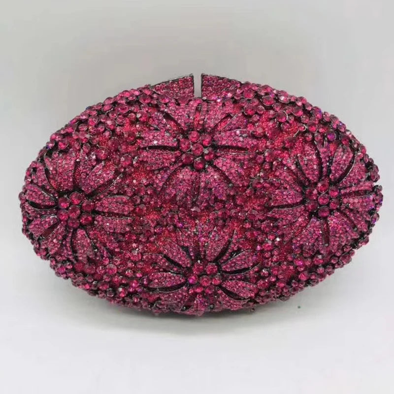 Gold Diamond Flower Evening Clutch Purse Oval Shape Rhinestone Crystal Wedding Bridal Clutches Luxury Phone Handbags
