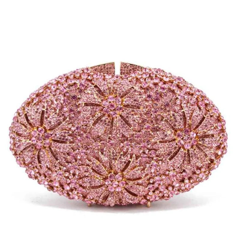 Gold Diamond Flower Evening Clutch Purse Oval Shape Rhinestone Crystal Wedding Bridal Clutches Luxury Phone Handbags