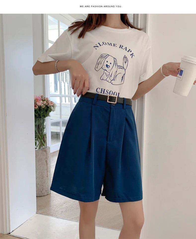 Jielur Women's Loose High Waist Suit Shorts Women Black Grey Blue Five-point Shorts Female Casual Wide-leg Shorts for Women S-XL