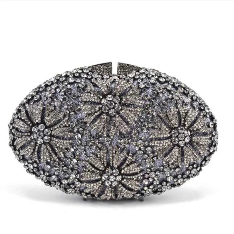 Gold Diamond Flower Evening Clutch Purse Oval Shape Rhinestone Crystal Wedding Bridal Clutches Luxury Phone Handbags