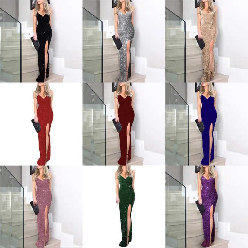 Sexy summer 2025 new European and American women's clothing fashion dress with straps, sequins and slit evening dress.