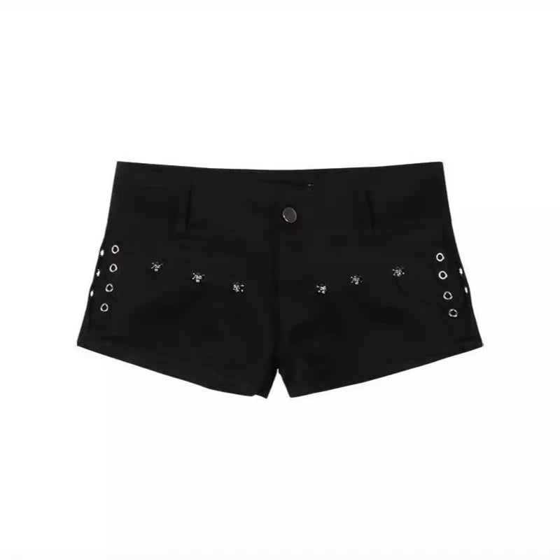 Summer Y2k Sexy Low Waist Mini Denim Shorts Women Vintage Korean Popular Girls Slight Strech Streetwear Gothic Rivet Black Jeans