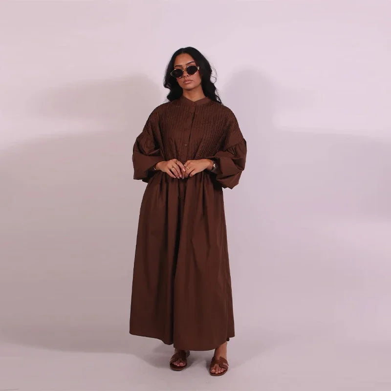 Loose Blue Single Breasted Long Dress Women Casual Full Puff Sleeve O-neck Pleated Patchwork Dresses 2025 Fashion Summer Robe