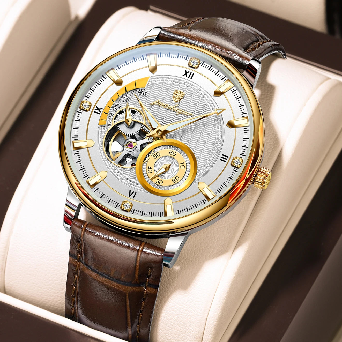 POEDAGAR Sports Luxury Men Clock Waterproof Luminous Man Watch Hollow Tourbillon Automatic Mechanical Leather Men's Watches Male