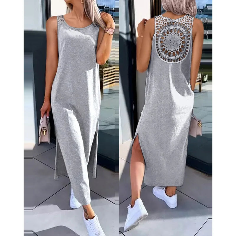 Spring Summer New Women's Clothing Solid Color V-neck Vest Back Lace Cutout Slit Casual Dress