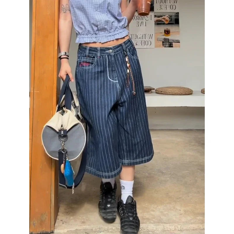 Harajuku Y2k Women's Light Blue Calf Length Cargo Jeans Baggy Denim Trousers Japanese 2000s Oversize Jean Pants Vintage Clothes