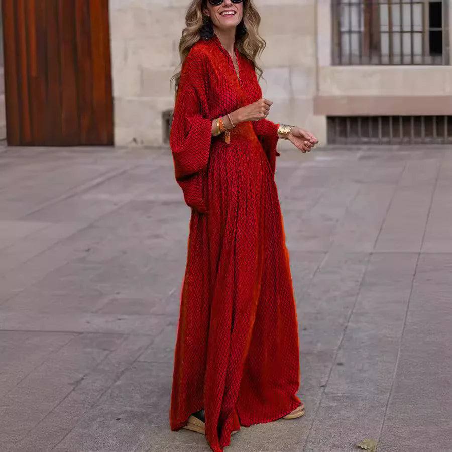 Elegant Ladies Maxi Dress Women Fashion Lattice Print V Neck Dolman Sleeve Bohemia Beach Sundress Vintage Party Long Dresses