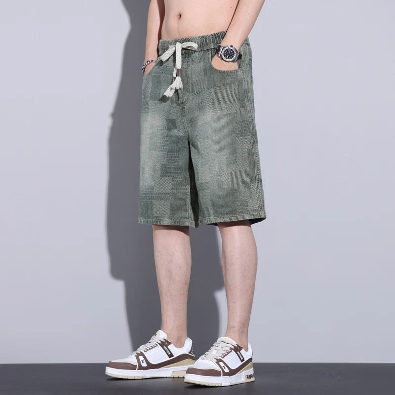 Casual Mens Clothing Baggy Denim Shorts Summer Fashion Starry Sky Pattern Elastic Waist Shorts Men Streetwear Short Jeans Korean