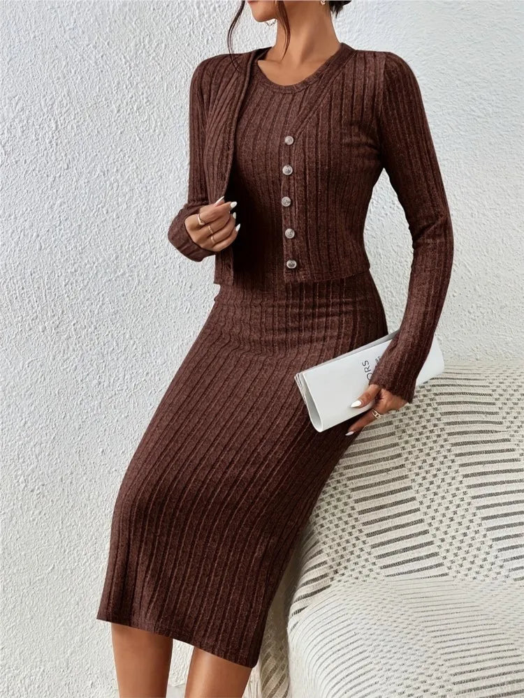 Autumn Winter Women's Clothing New Item Solid Color Fashion Single Breasted Short Top Slim Fit Dress Two-piece Set