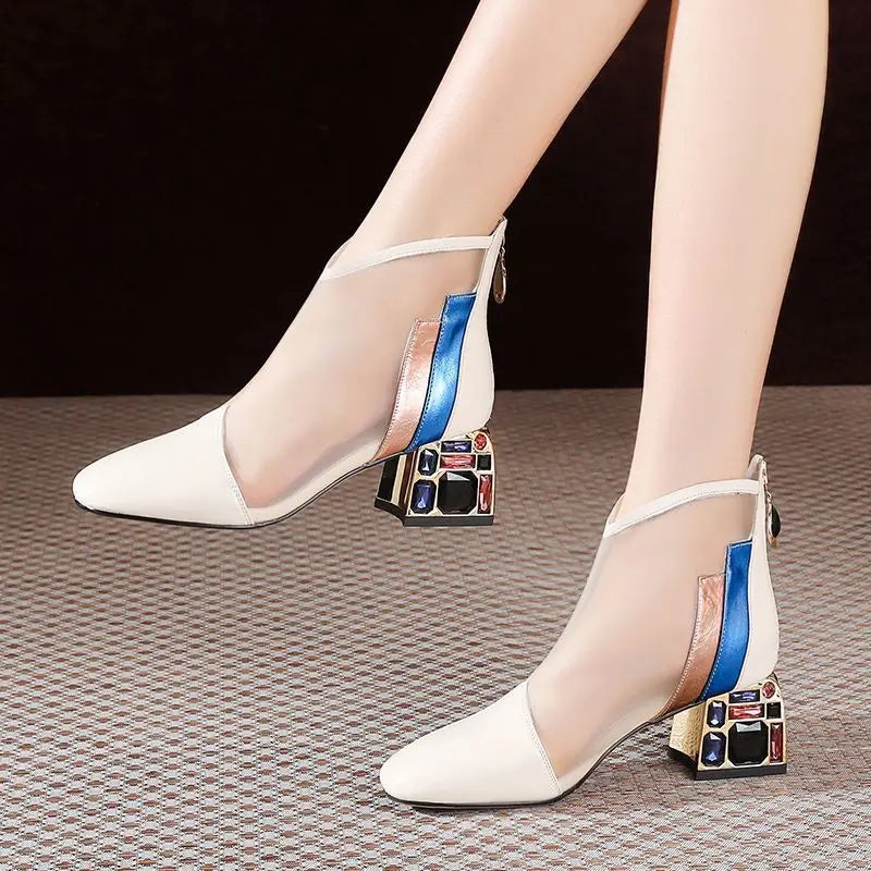 2025 New Mesh Sandals Summer Women's Ankle Boot Mid Heel Rhinestone Ponited Toe Shoes Women's heels Luxury Sexy Women sandalias