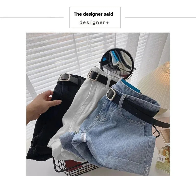 2022 New Spring Summer High-Waisted Slimming A- Line Denim Shorts Women's Loose-Fit Casual Heat Pants Rolled Edge Design