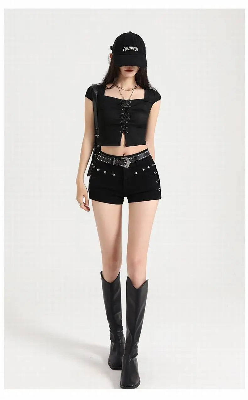 Summer Y2k Sexy Low Waist Mini Denim Shorts Women Vintage Korean Popular Girls Slight Strech Streetwear Gothic Rivet Black Jeans