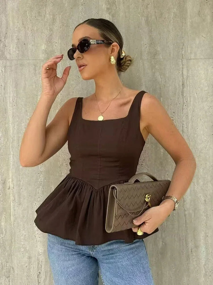 Chicheca Pelpum Summer Women Tops 2025 Office Lady Brown Elegant Tank Top Sleeveless New in Camis