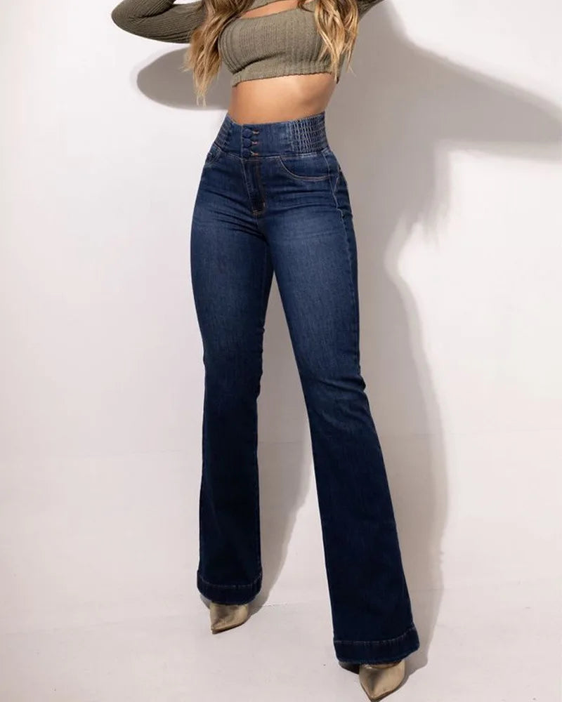 Sister Star Spring Women's New Elastic Waist Head High-waisted Button Stretch Slim Wide-legged Tencel Breathable Long Jeans