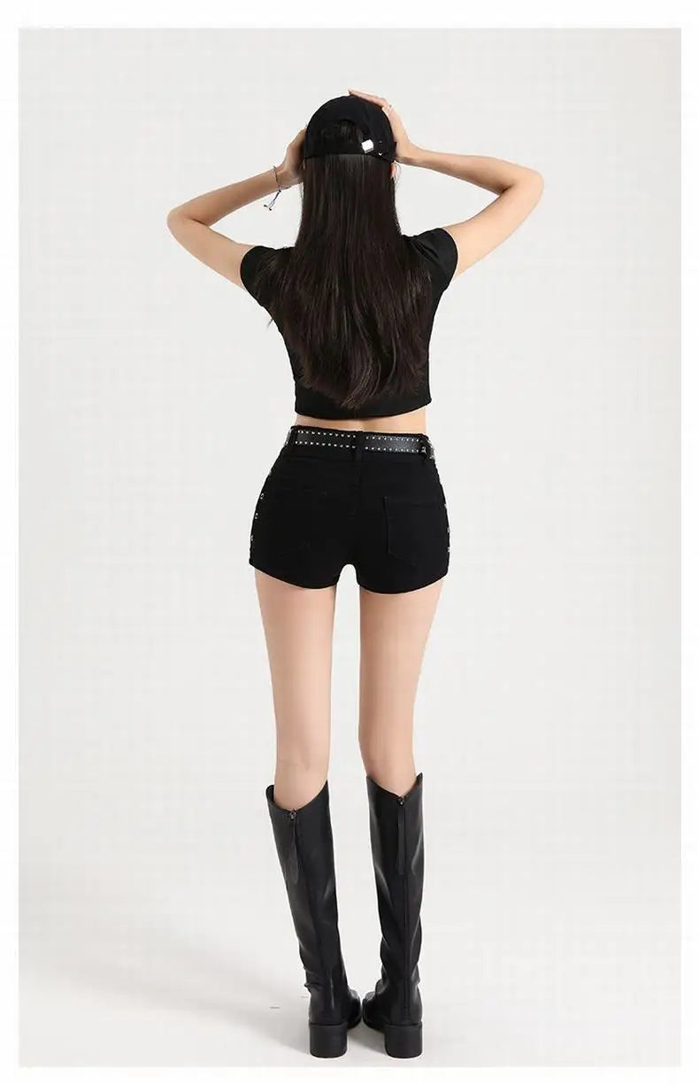 Summer Y2k Sexy Low Waist Mini Denim Shorts Women Vintage Korean Popular Girls Slight Strech Streetwear Gothic Rivet Black Jeans
