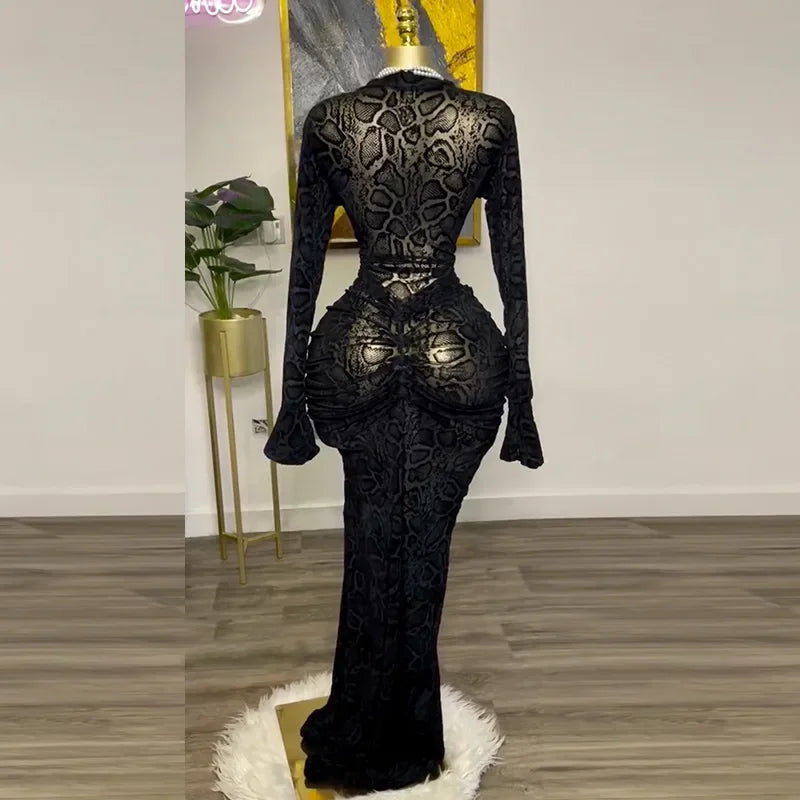 Women Full Sleeve Long Dress Lace Leopard See Through Ruched O-neck Evening Vestidos Sexy Party Maxi Dresses Vestidos