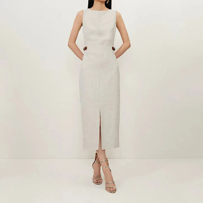 Women Dress Mid Length Dresses Solid Vestidos Round Neck Sleeveless Slim Fit Casual Elegant Splice Tight Waist Summer 2024