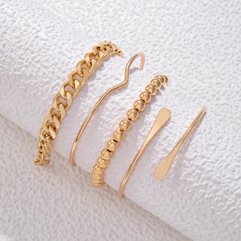 4pcs Punk Curb Cuban Chain Bracelets Set for Women Simple Thick Gold Color Charm Bracelets Fashion Jewelry Accessories New