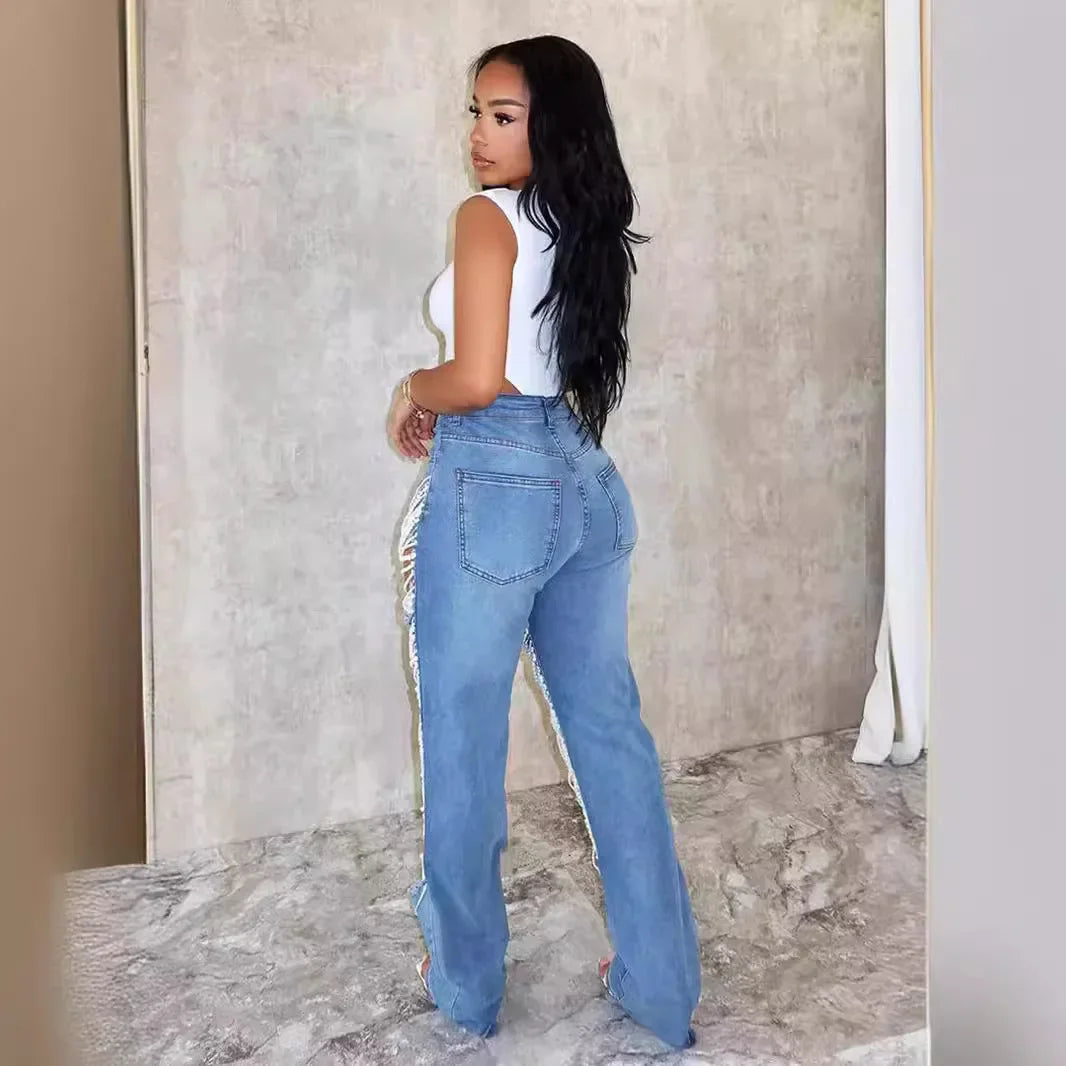 Ripped Jeans for Women Straight Pants Diamonds Chain Stretch Distressed High Waist Floor Length 2025 Streetwear Denim Trousers