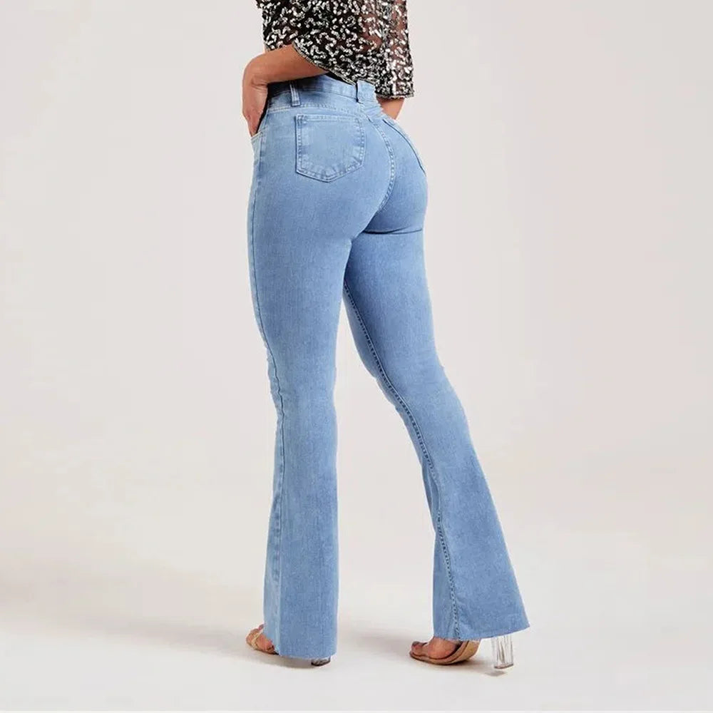 Strecth Jeans Women Denim Flare Pants 2024 Autumn Button Pockets Basics Denims Streetwear Female Vintage Washed Trousers