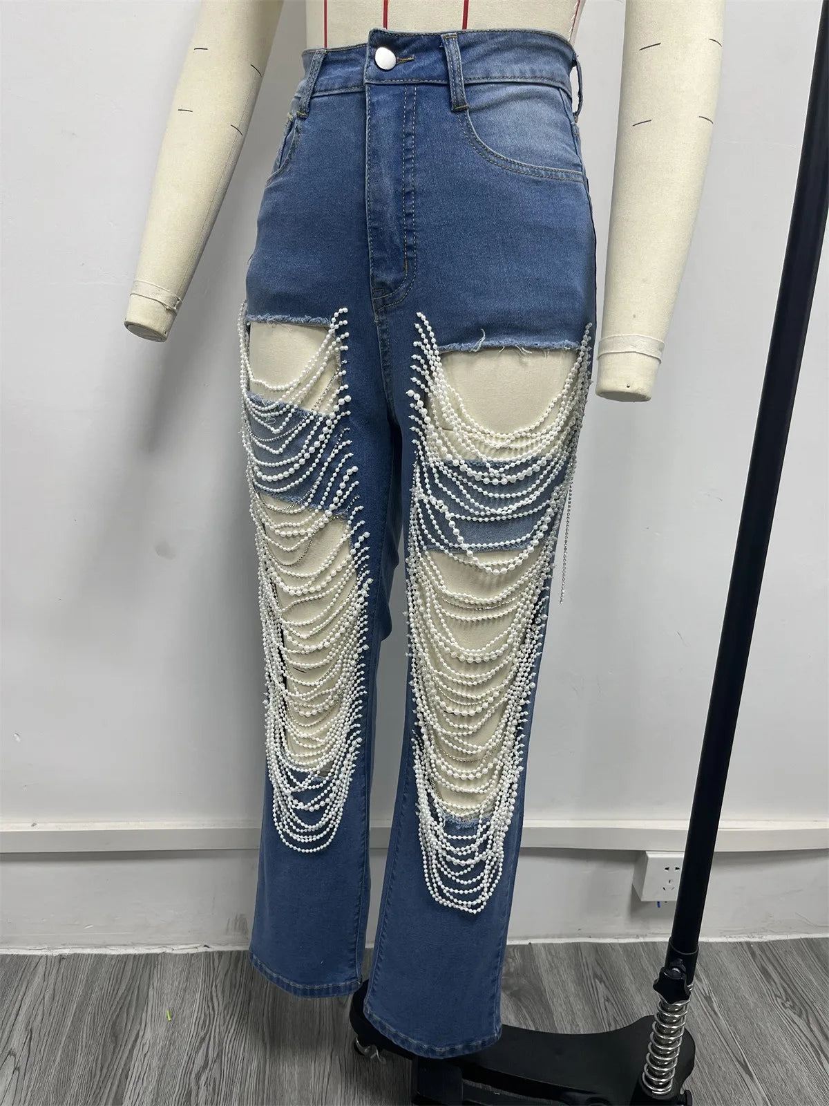 Ripped Jeans for Women Straight Pants Diamonds Chain Stretch Distressed High Waist Floor Length 2025 Streetwear Denim Trousers