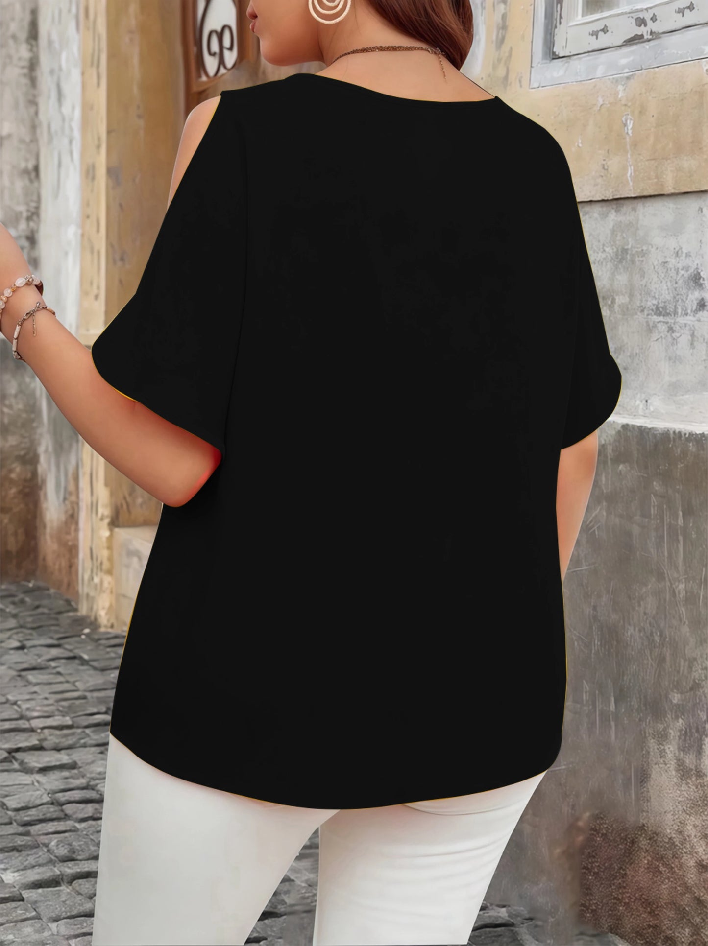 Elegant Off-Shoulder Wave V-Neck T-Shirt - Solid Color Plus Size Women's Blouse, Fashion Casual Short Sleeve Summer Top