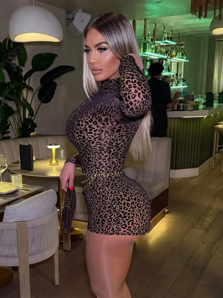 Weird Puss Leopard Print Romper Women See Through Sexy Full Sleeve Turtleneck Fall Fit Skinny Playsuit Stretch Midnight Clubwear
