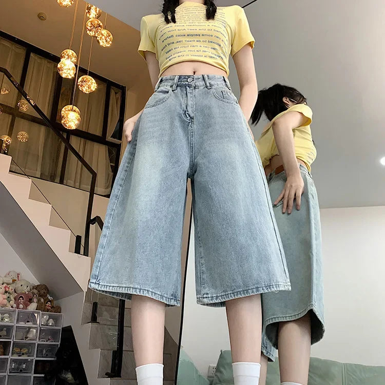 American Retro High Street Straight Leg Jeans Chic High Waist Versatile Wide Leg Seven-Foot Mid-Calf Pants Summer New Arrival