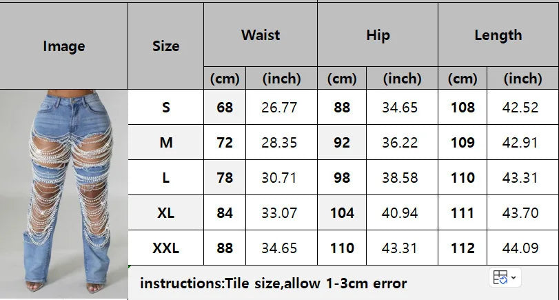 Ripped Jeans for Women Straight Pants Diamonds Chain Stretch Distressed High Waist Floor Length 2025 Streetwear Denim Trousers