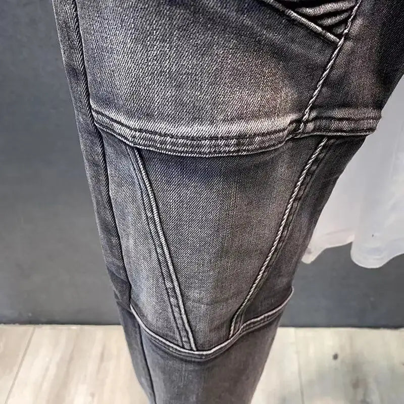 2025 New Autumn Winter Black Grey Men's High-End Motorcycle Long Pants Slim Patchwork Fold Designer Pencil Pants Casual Jeans