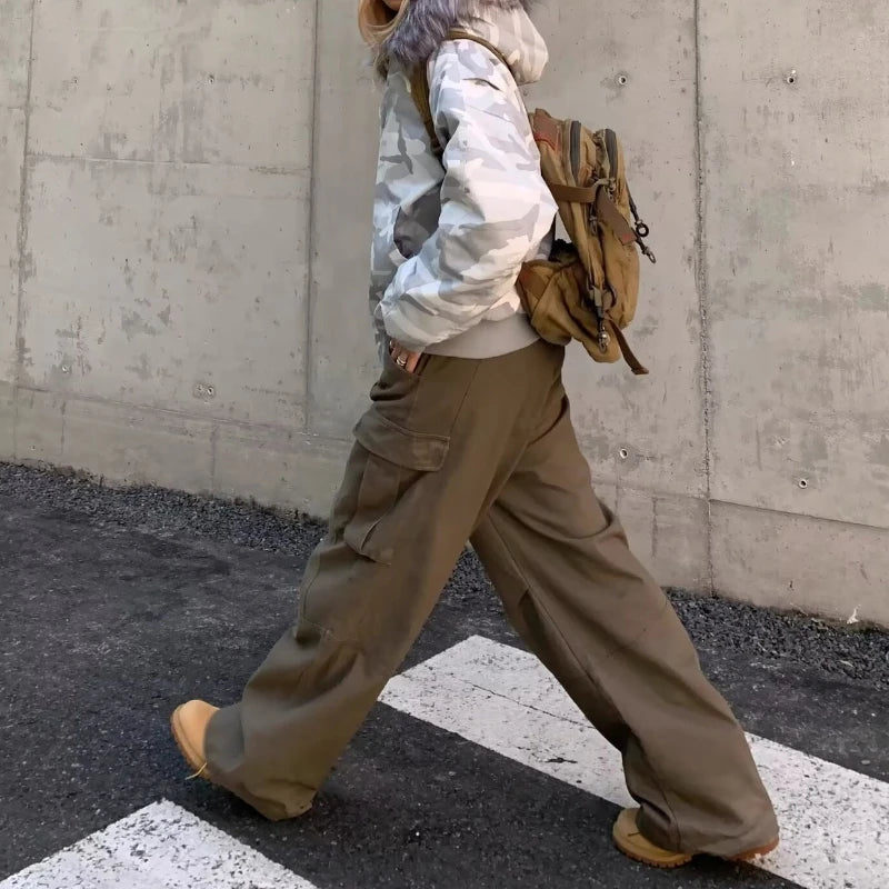 New American high street brown jeans for women washing straight spring and autumn loose casual gothic trousers wide-leg pants