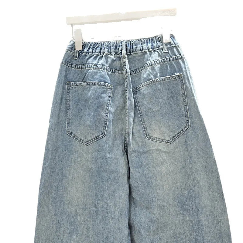DEAT Women's Jeans Elastic Waist Hot Diamonds Flowers Hollow Out Denim Ankle-Length Harem Pants 2025 New Fashion Summer 29A1739