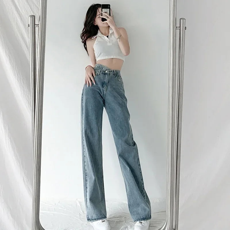 Design Sensibility High-Waisted Slimming Jeans Loose-Fit Straight-Leg Women's Korean Style Tie-Detail Wide-Leg Casual Trousers